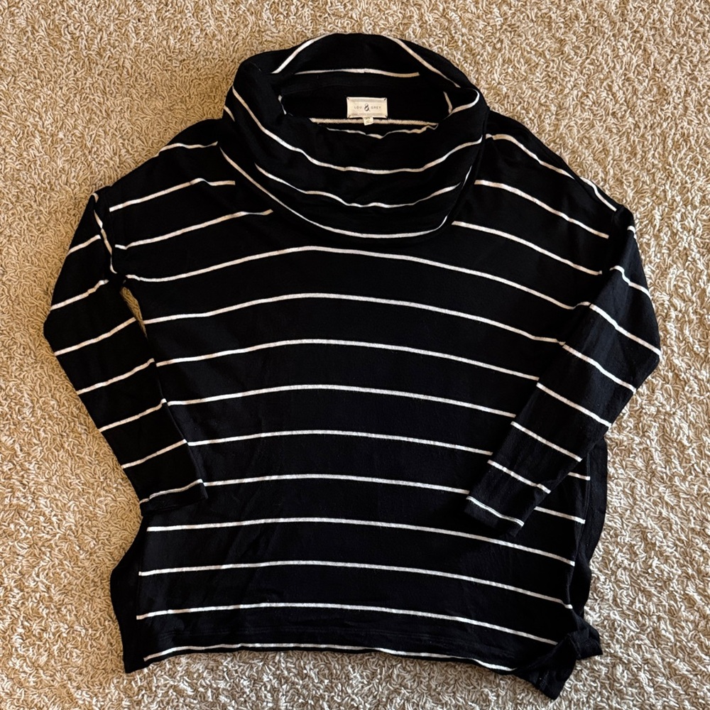 Lou & Grey Black and White Striped Cowl Neck Sweater